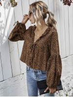 Bishop Sleeve Leopard Print Frill Trim Top