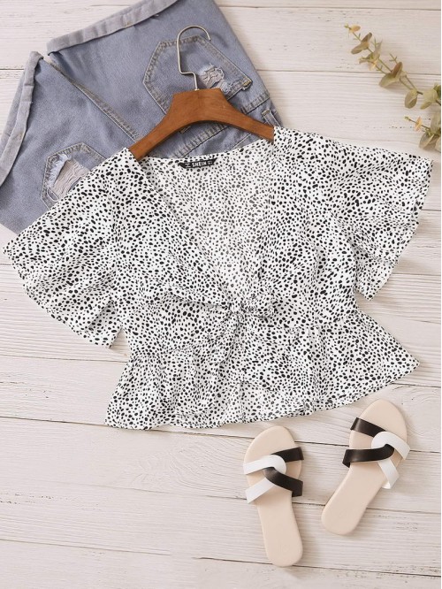 Butterfly Sleeve Knot Front Dalmatian Peplum Top