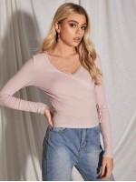 Lace Trim Rib-knit Tie Side Tee