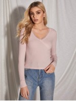 Lace Trim Rib-knit Tie Side Tee