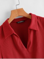 Collared V-neck Rib-knit Tee