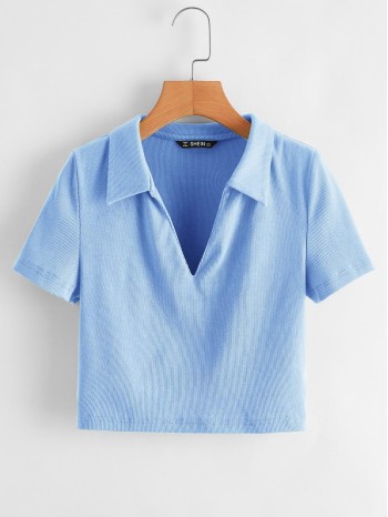 V-collar Rib-knit Solid Tee