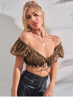 Off Shoulder Frill Trim Tie Front Leopard Top