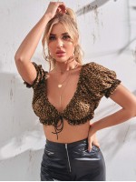 Off Shoulder Frill Trim Tie Front Leopard Top