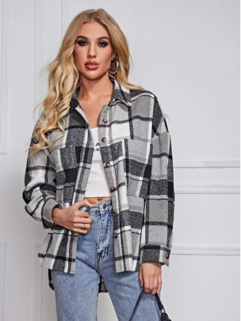 Drop Shoulder Curved Hem Plaid Blouse