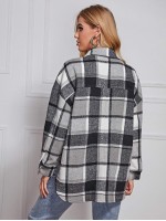 Drop Shoulder Curved Hem Plaid Blouse