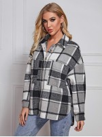 Drop Shoulder Curved Hem Plaid Blouse