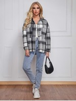 Drop Shoulder Curved Hem Plaid Blouse