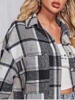 Drop Shoulder Curved Hem Plaid Blouse