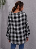 Drop Shoulder Button Front Plaid Blouse