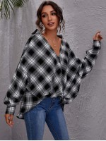 Drop Shoulder Button Front Plaid Blouse