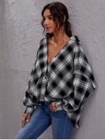 Drop Shoulder Button Front Plaid Blouse