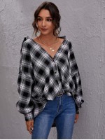 Drop Shoulder Button Front Plaid Blouse