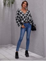 Drop Shoulder Button Front Plaid Blouse