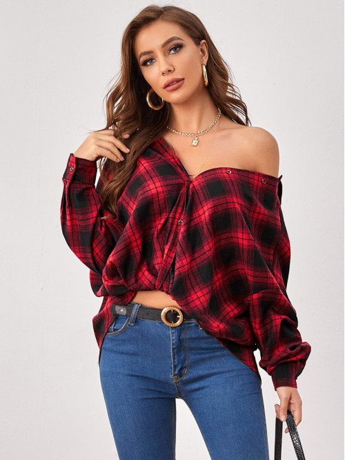 Drop Shoulder Button Front Plaid Blouse