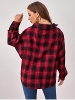 Drop Shoulder Button Front Plaid Blouse