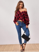 Drop Shoulder Button Front Plaid Blouse