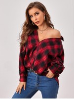 Drop Shoulder Button Front Plaid Blouse