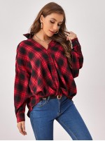 Drop Shoulder Button Front Plaid Blouse