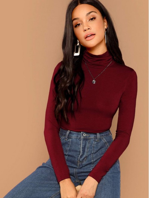 Solid Form-Fitting Turtleneck Top