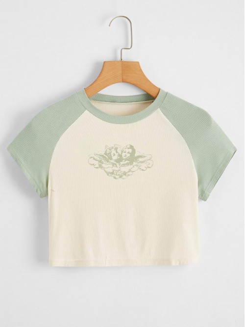 Angel Print Raglan Sleeve Crop Tee