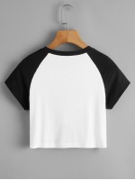 Contrast Sleeve Rib-knit Angel Print Tee