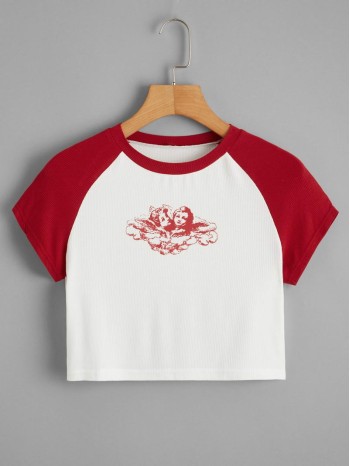 Angel Print Raglan Sleeve Crop Tee