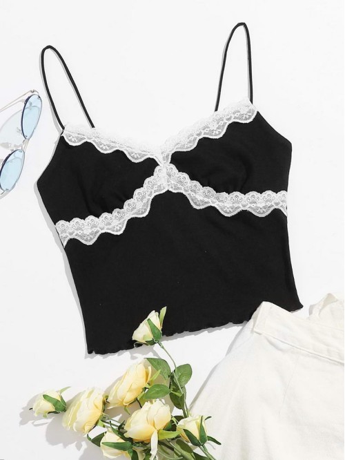 Contrast Lace Detail Crop Cami Top