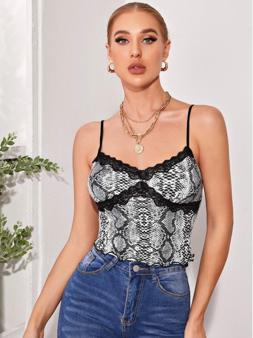 Snakeskin Lace Trim Cami Top