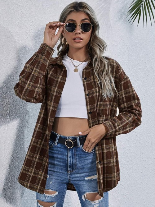 Drop Shoulder Tartan Longline Blouse