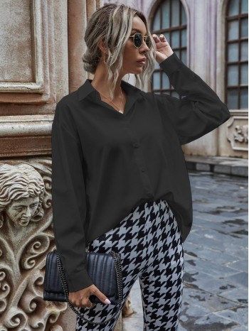 Solid Button Up Drop Shoulder Blouse