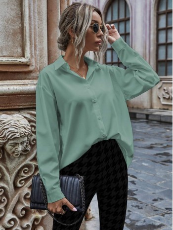 Solid Button Up Drop Shoulder Blouse