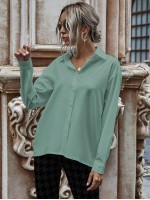 Solid Button Up Drop Shoulder Blouse