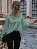 Solid Button Up Drop Shoulder Blouse