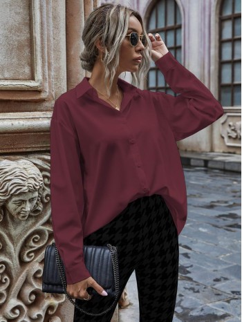 Solid Button Up Drop Shoulder Blouse