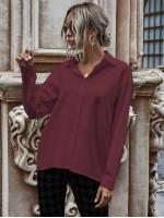 Solid Button Up Drop Shoulder Blouse