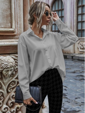 Solid Button Up Drop Shoulder Blouse