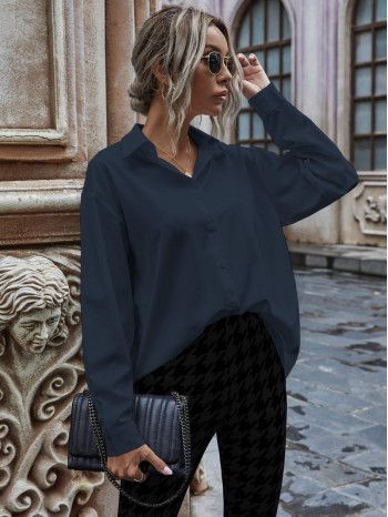 Solid Button Up Drop Shoulder Blouse