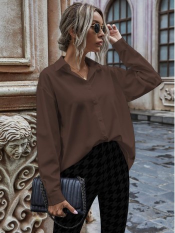 Solid Button Up Drop Shoulder Blouse