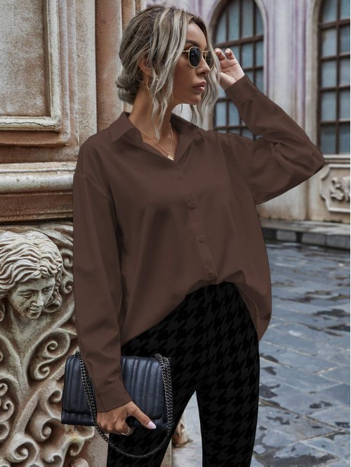 Solid Button Up Drop Shoulder Blouse