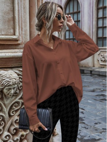 Solid Button Up Drop Shoulder Blouse