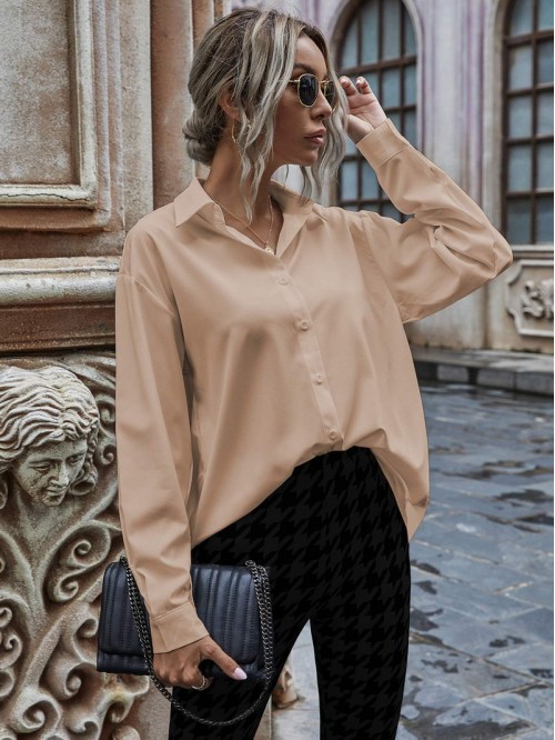 Solid Button Up Drop Shoulder Blouse