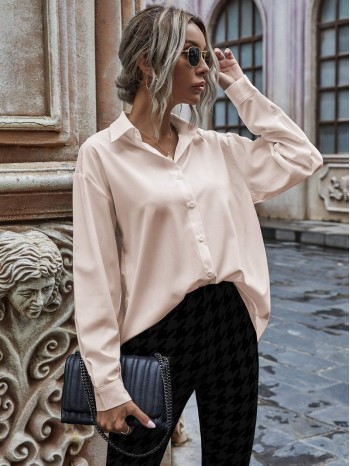 Solid Button Up Drop Shoulder Blouse