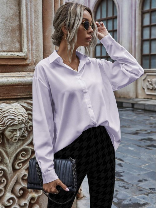 Solid Button Up Drop Shoulder Blouse