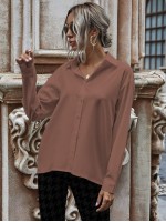 Solid Button Up Drop Shoulder Blouse