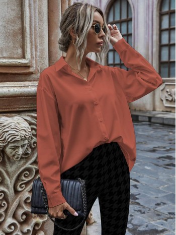 Solid Button Up Drop Shoulder Blouse