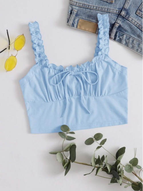 Frilled Strap Tie Front Crop Top