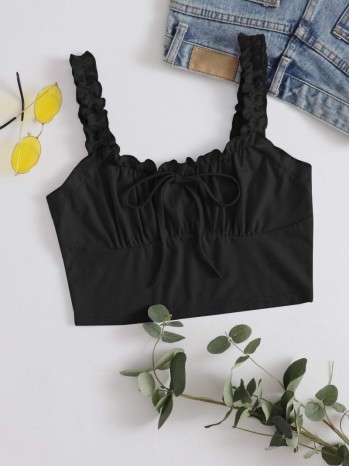 Frilled Strap Tie Front Crop Top