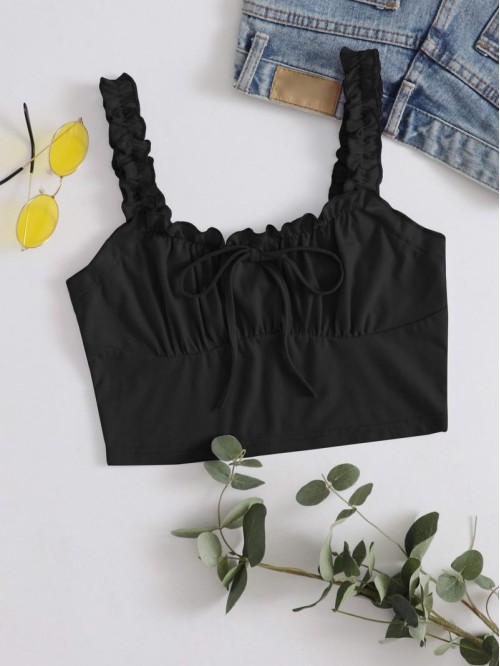 Frilled Strap Tie Front Crop Top