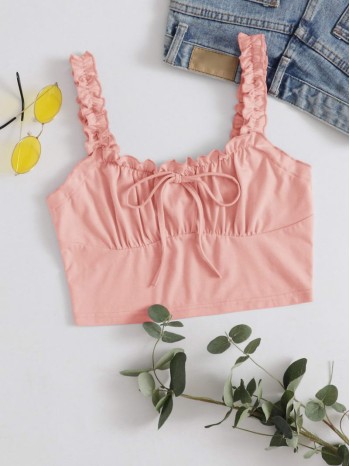 Frilled Strap Tie Front Ruched Bust Crop Top